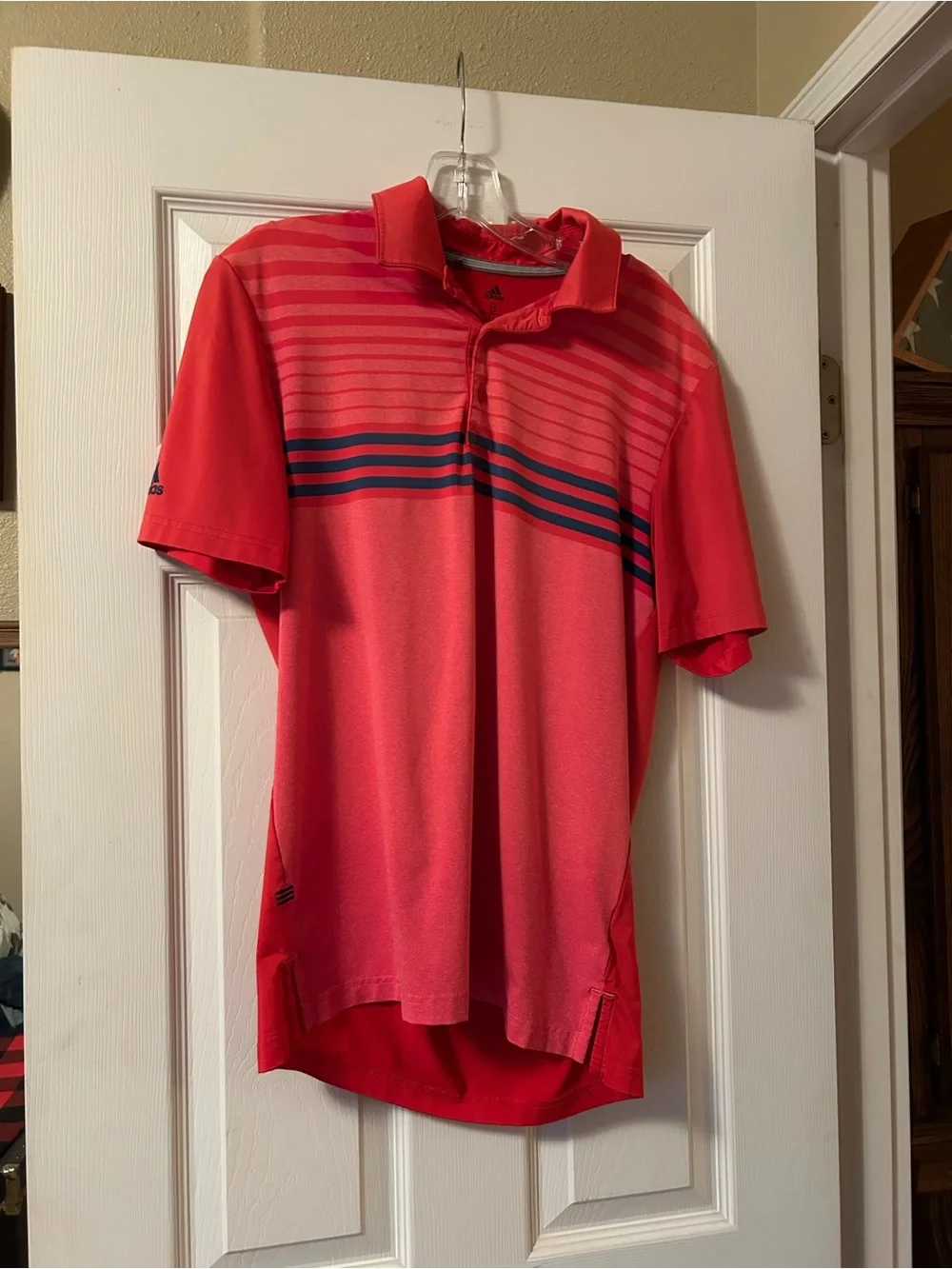 adidas Men’s Coral Red Polo with Navy Stripe